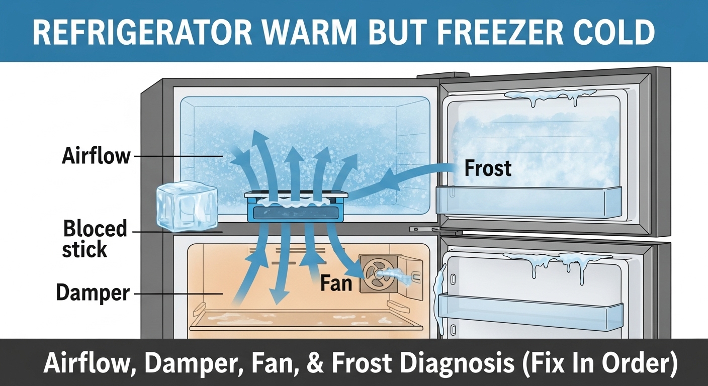 Refrigerator warm but freezer cold — Airflow, damper, fan, and frost diagnosis (fix in order)