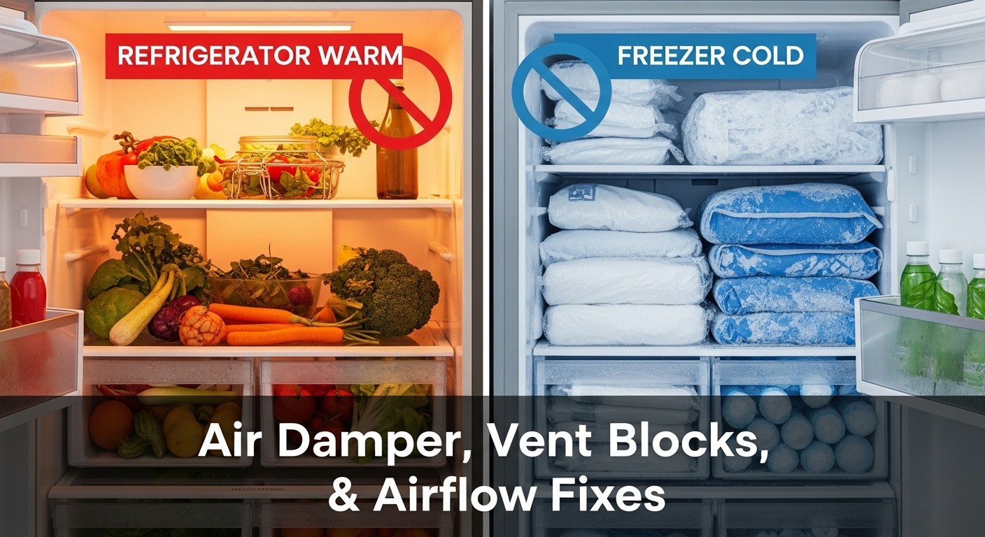Refrigerator warm but freezer cold — air damper, vent blocks, and airflow fixes