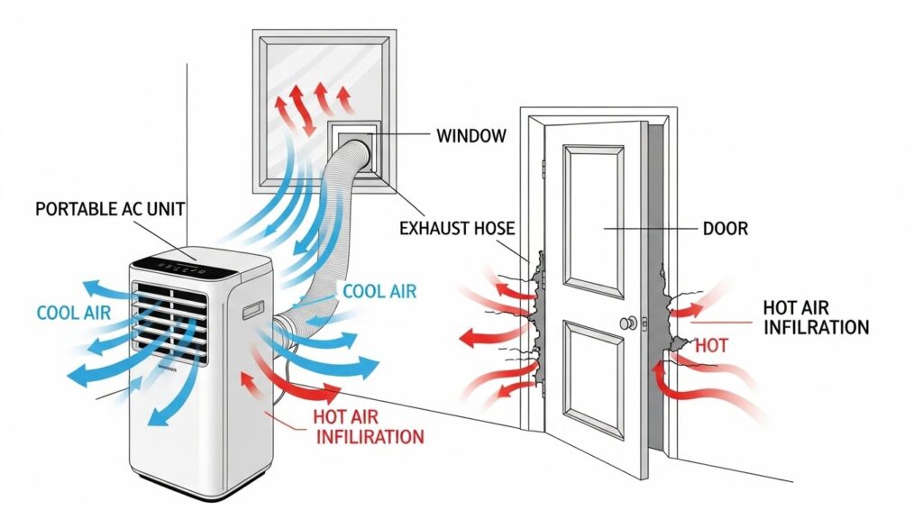 Single-hose portable AC negative pressure diagram pulling hot air into the room through door gaps