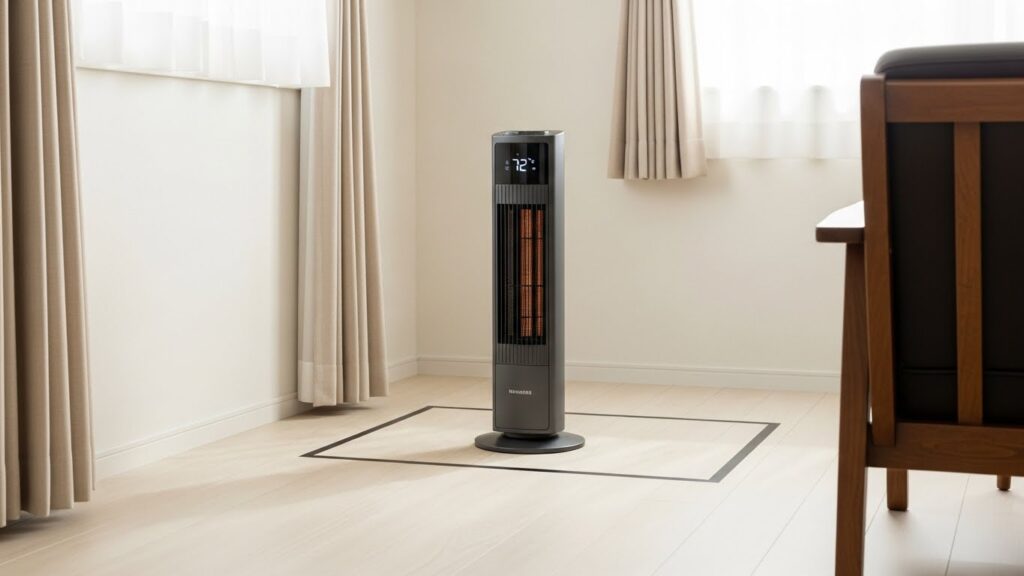Space heater placed on open floor with three feet of clearance from walls, curtains, and furniture to prevent overheating shutdown