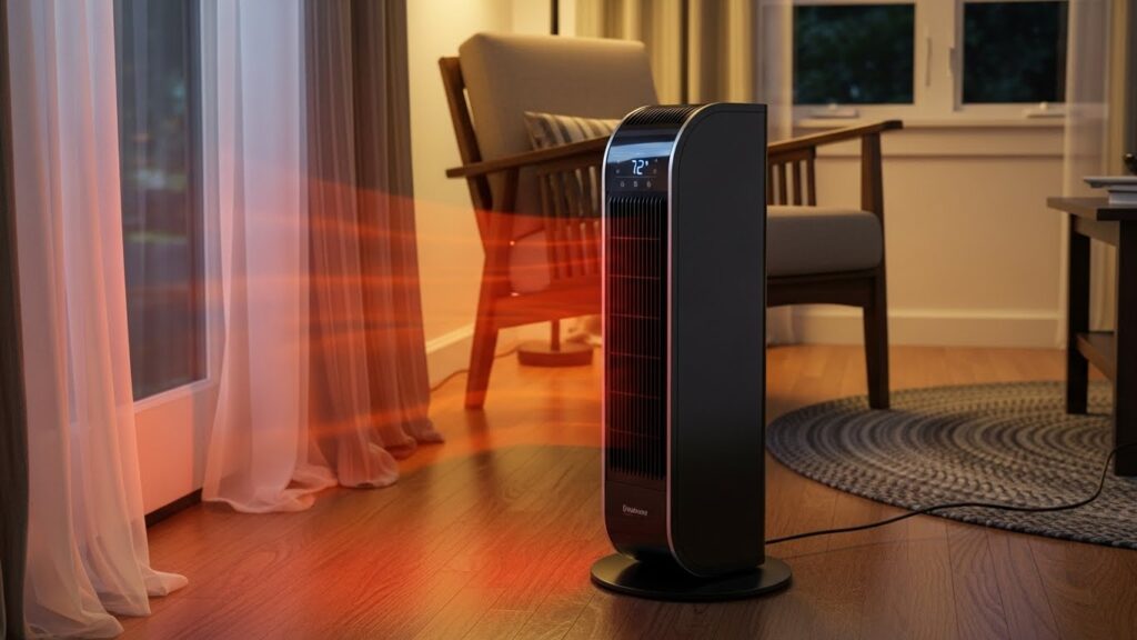 Space heater placed with clearance from curtains and furniture to prevent overheating and automatic shutdown