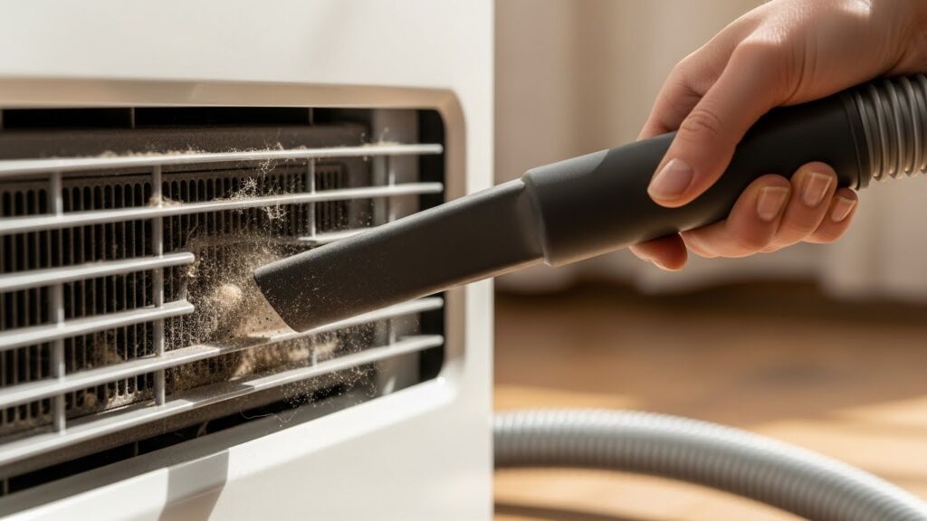 Vacuuming dust from space heater intake vents to restore airflow and prevent overheating shutdown