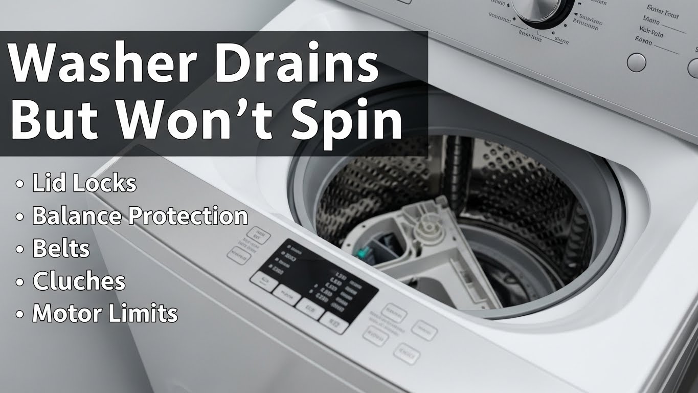Washer Drains But Won’t Spin Lid Locks, Balance Protection, Belts, Clutches, and Motor Limits