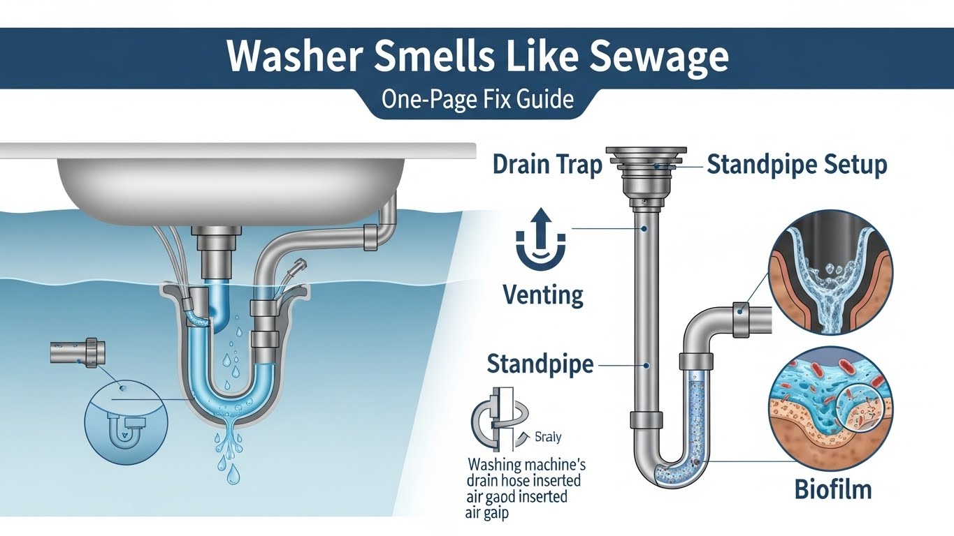 Washer Smells Like Sewage — Drain Trap, Venting, Standpipe Setup, and Biofilm (One-Page Fix Guide)