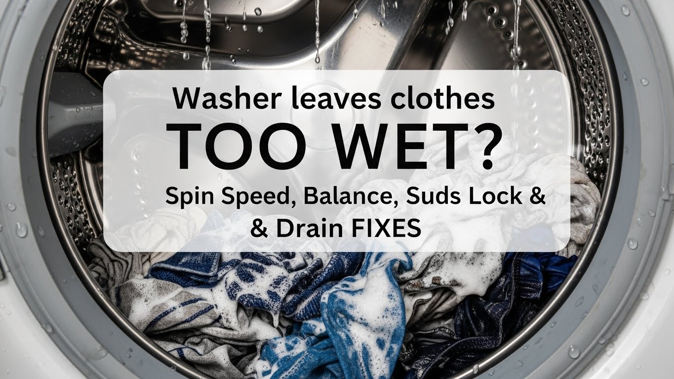 Washer leaves clothes too wet — Spin speed, balance, suds lock, and drain fixes