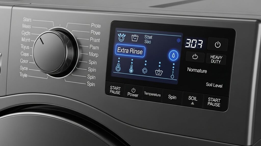 Washing machine control panel with the Extra Rinse option selected to help remove detergent residue