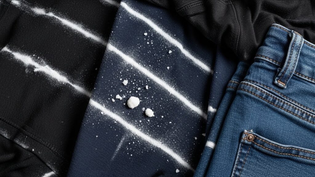 White detergent streaks on dark clothing after washing, showing undissolved or unrinsed detergent residue
