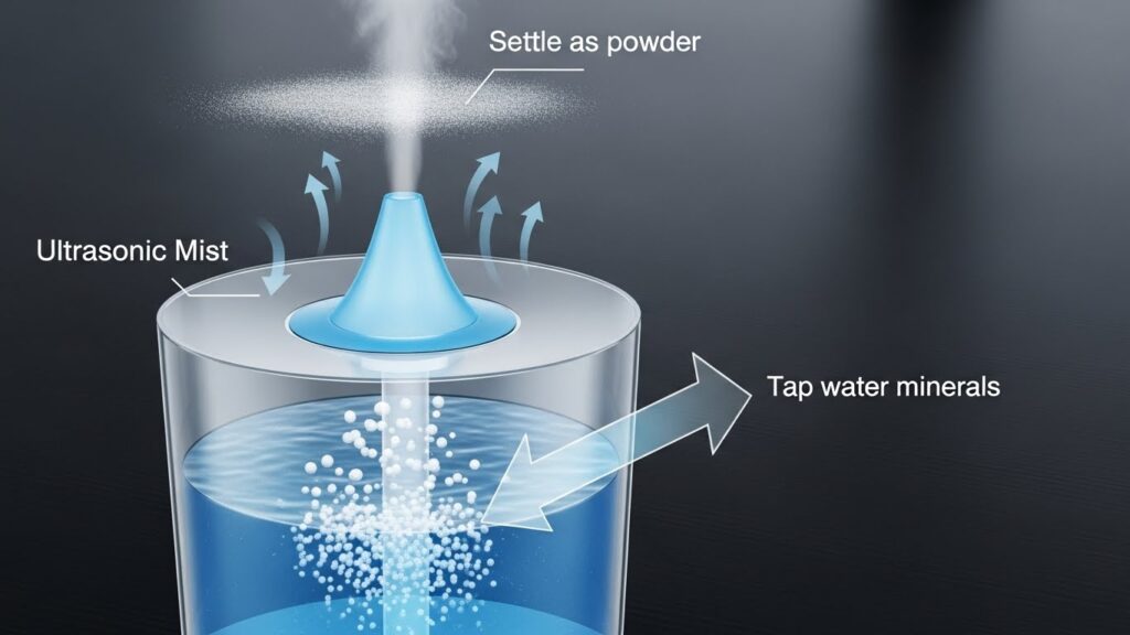 White dust from humidifier explained: tap water minerals become airborne in ultrasonic mist and settle as powder