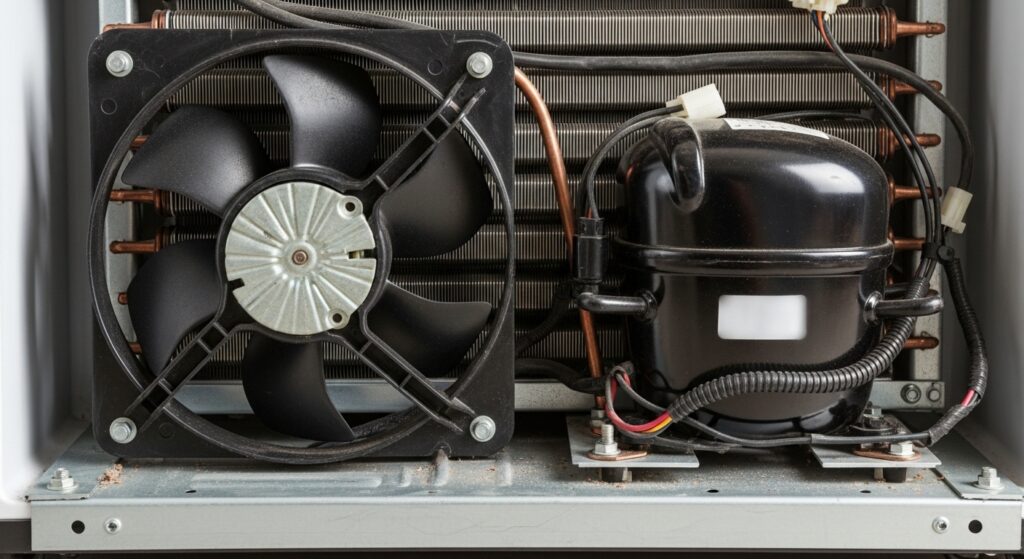 Rear bottom refrigerator area showing condenser fan and compressor where steady humming and vibration often originate