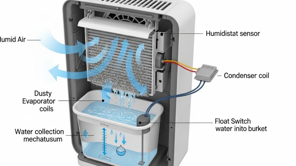 Diagram of internal dehumidifier parts including dusty evaporator coils, humidistat sensor location, and the water bucket float switch for troubleshooting water collection issues.