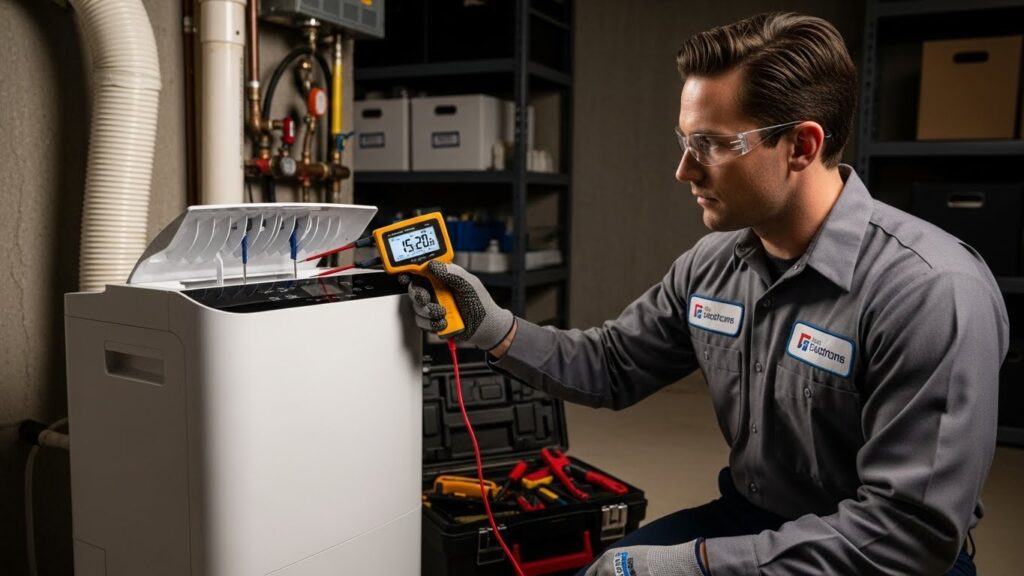 Professional technician measuring the 15-20 degree Fahrenheit temperature drop between dehumidifier intake and discharge air to verify refrigerant health.