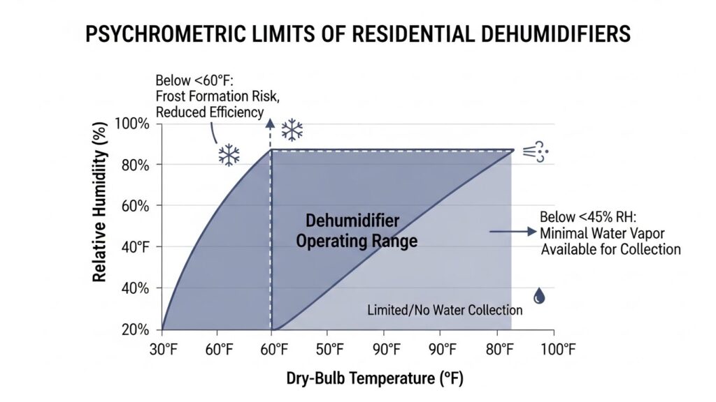 A chart showing the psychrometric limits of residential dehumidifiers, illustrating why units stop collecting water below 60 degrees Fahrenheit or 45 percent humidity.