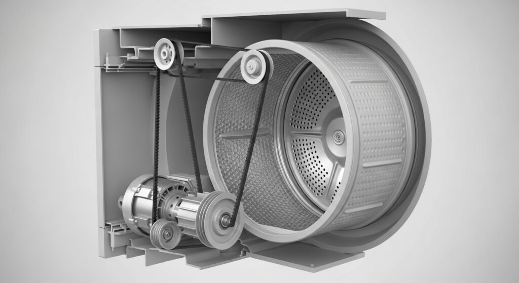 Simple diagram showing dryer belt routing around the drum, motor pulley, and idler pulley where tension is applied