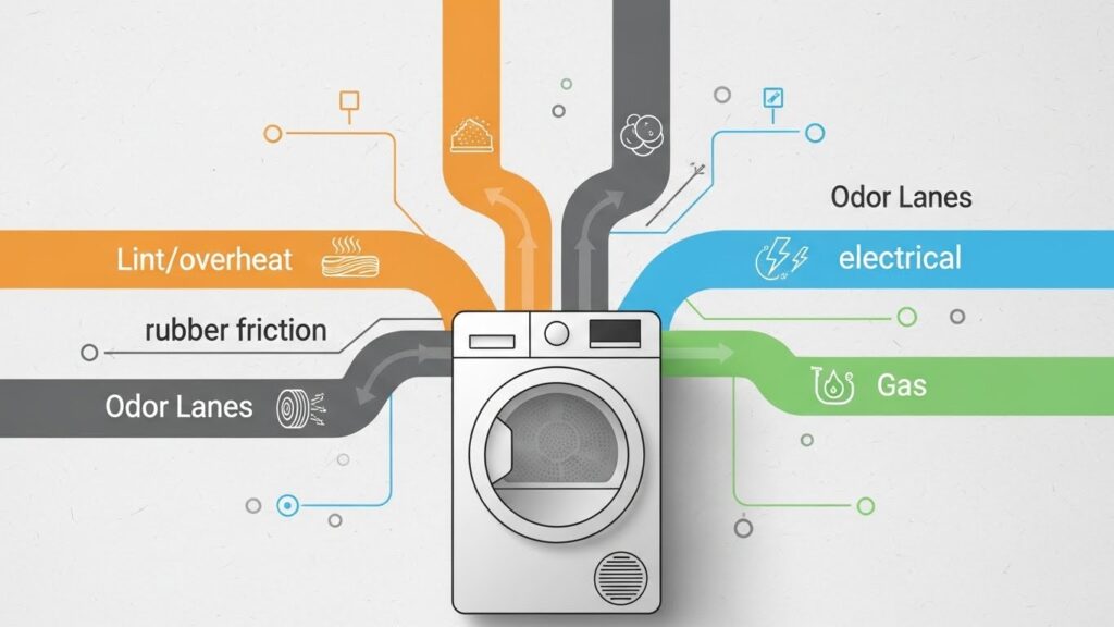 Flowchart for diagnosing a dryer burning smell by odor type: toasty lint vs rubber friction vs sharp electrical vs gas, with stop-now decision points