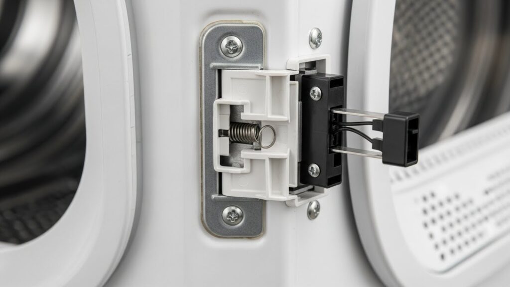 Dryer door latch and door switch area showing how a sagging door or weak latch can keep the start permission from closing