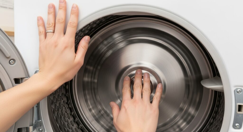 Hand-spin test on a dryer drum showing how to feel for smooth rotation versus binding resistance