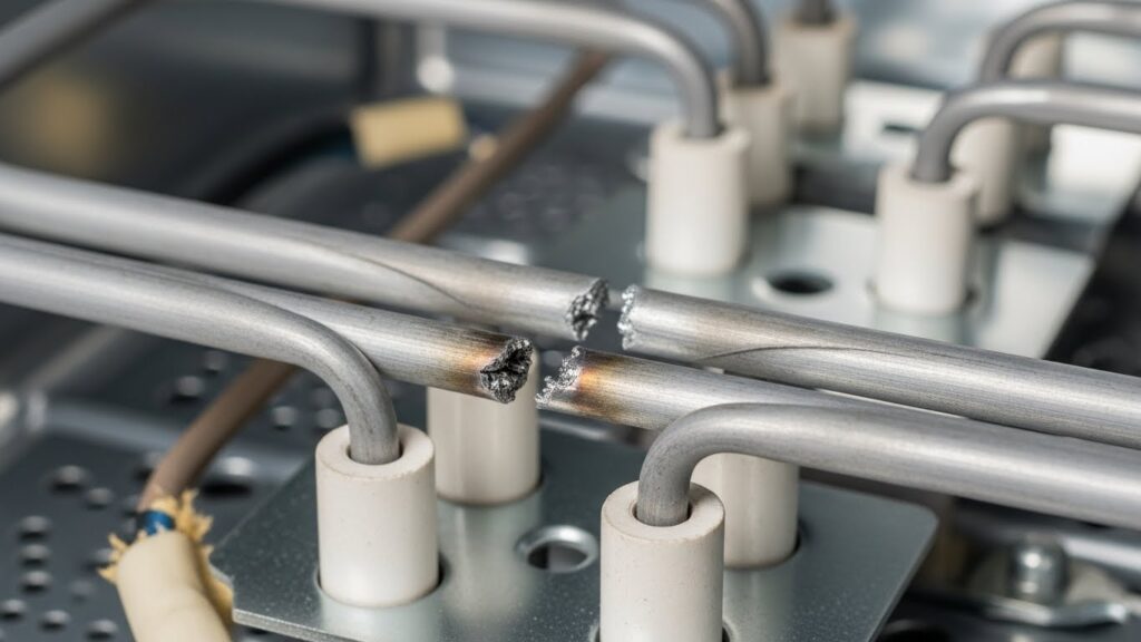 Broken heating element coil in an electric dryer causing the dryer to run but not heat