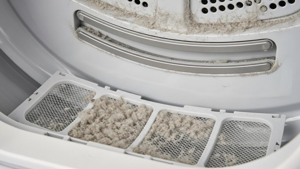 Close-up showing dryer moisture sensor metal strips and lint screen residue film that can reduce airflow or cause sensor dry cycles to end too early