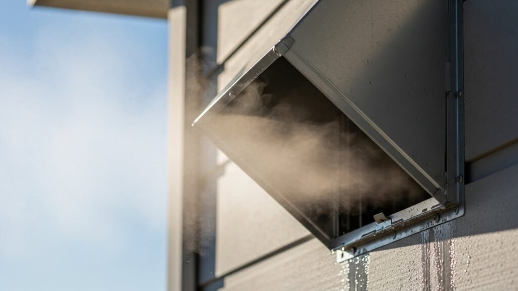 Outdoor dryer vent hood with flap opening while the dryer runs, used to confirm strong airflow and prevent overheating shutoffs