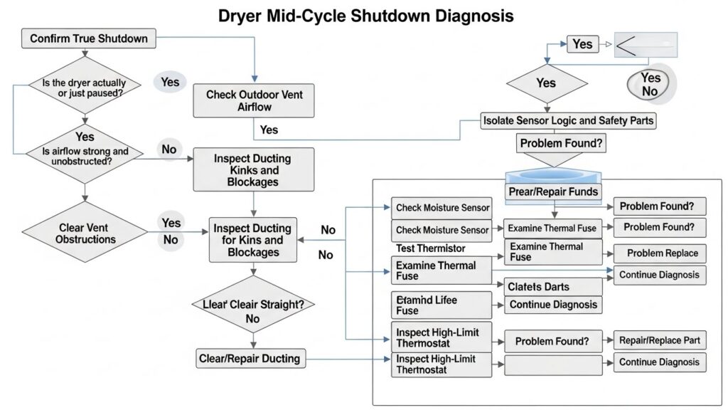 Flowchart for diagnosing a dryer that shuts off mid-cycle: confirm true shutdown, check outdoor vent airflow, inspect ducting, then isolate sensor logic and safety parts