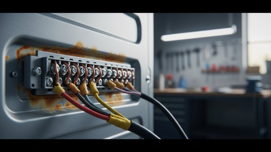  Close-up of dryer terminal block area showing signs of overheating such as discoloration or melted insulation near power cord connections