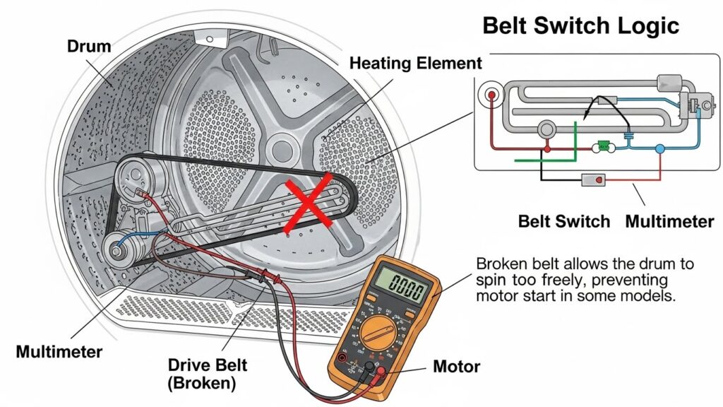 Illustration of dryer drum resistance check and belt switch logic: broken belt can make the drum spin too freely and prevent the motor from starting on some models