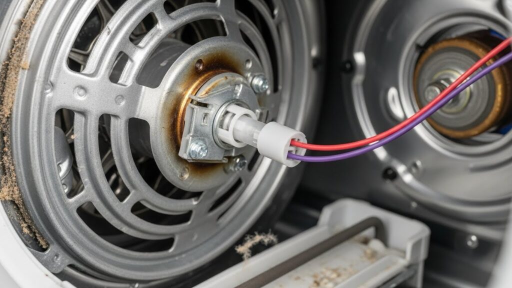 Dryer thermal fuse location on blower housing, a common reason a dryer runs but does not heat