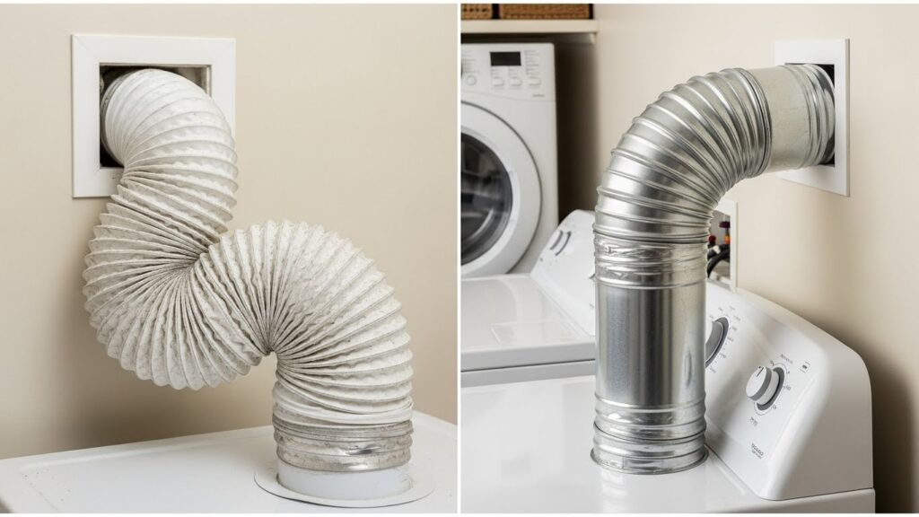 Comparison photo showing a kinked flexible dryer transition duct versus a short smooth semi-rigid metal duct that improves airflow and reduces lint trapping