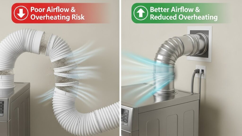 Kinked long flexible dryer duct compared to a short smooth metal transition duct that supports better airflow and reduces overheating