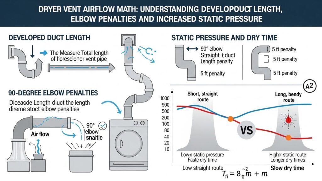Infographic explaining dryer vent airflow math: developed duct length, 90-degree elbow penalties, and how longer bendy routes increase static pressure and dry time