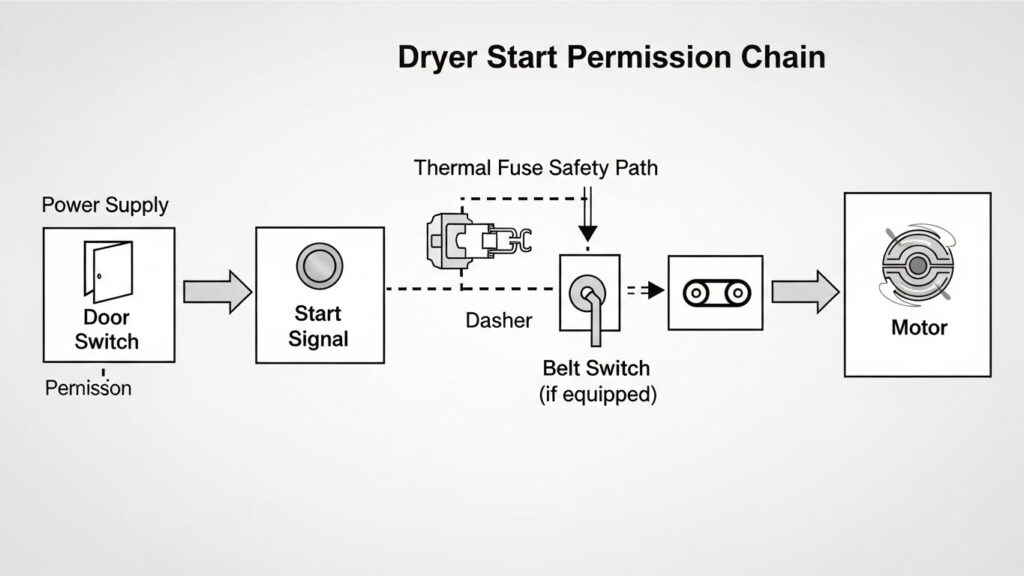 Diagram of the dryer start permission chain: power supply, door switch, start signal, thermal fuse safety path, belt switch (if equipped), then motor