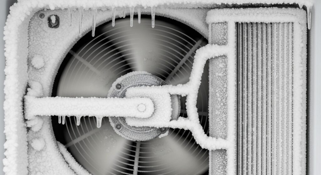 Evaporator fan zone with frost buildup that can cause loud humming or rubbing when the fan blade grazes ice