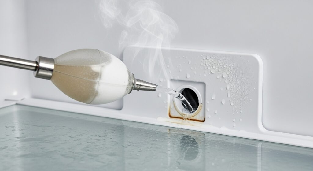 Flushing a refrigerator defrost drain hole with a turkey baster using hot tap water and a baking soda solution