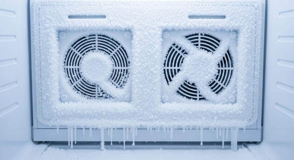 Freezer rear interior panel showing heavy frost buildup that can indicate airflow restriction and possible evaporator fan rubbing or ice-choked evaporator coil