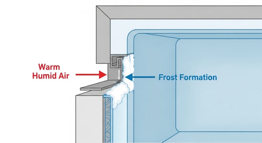 Simple diagram showing warm humid air entering through a weak freezer door gasket and forming frost along the door edge