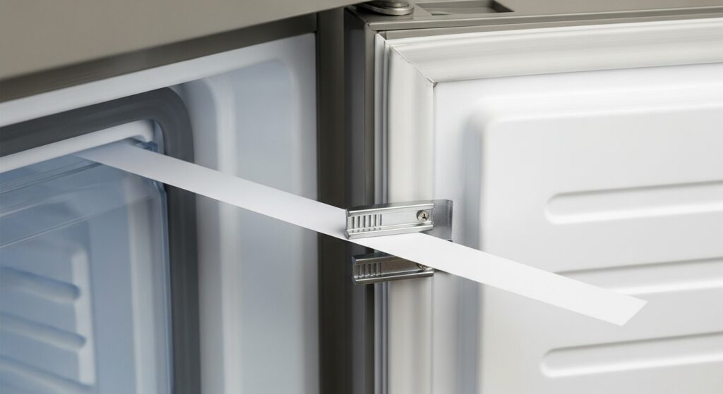 Paper-strip test on a freezer door gasket showing how to check for air leaks that can pull humidity in, cause frost buildup, and lead to louder fan humming