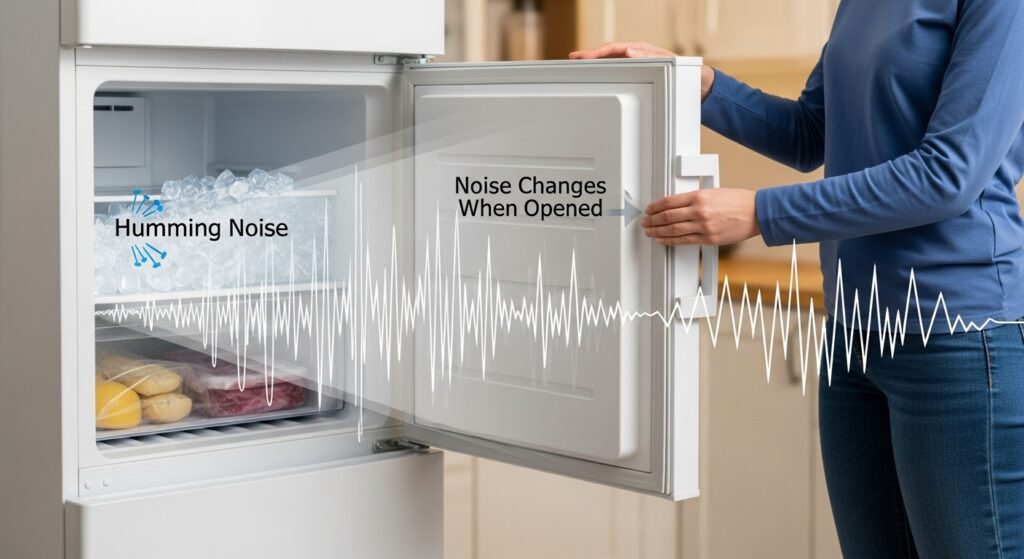 Freezer door test showing how humming noise changes when the door is opened to identify evaporator fan involvement