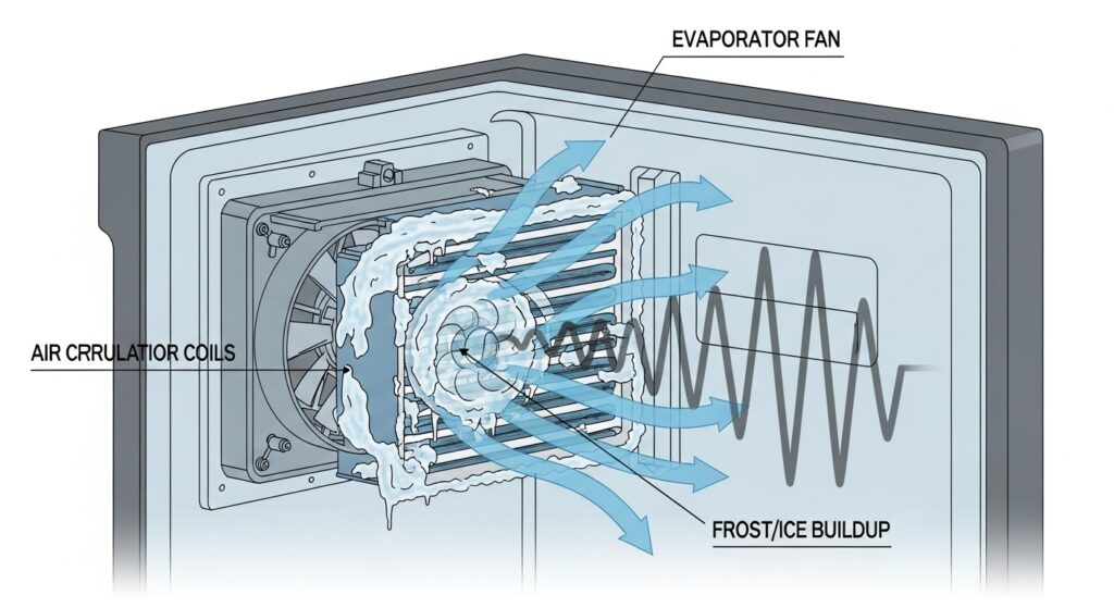 Cutaway-style diagram showing a freezer evaporator fan near the back wall and how frost or ice buildup can rub the fan blade and create a loud humming noise