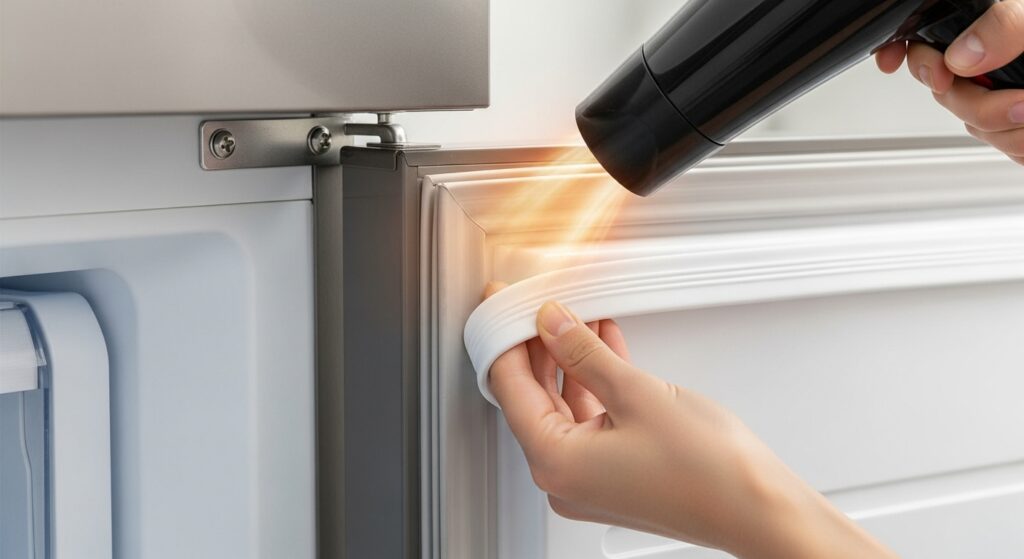 Gently warming a freezer door gasket corner to reshape it so it sits flat against the cabinet