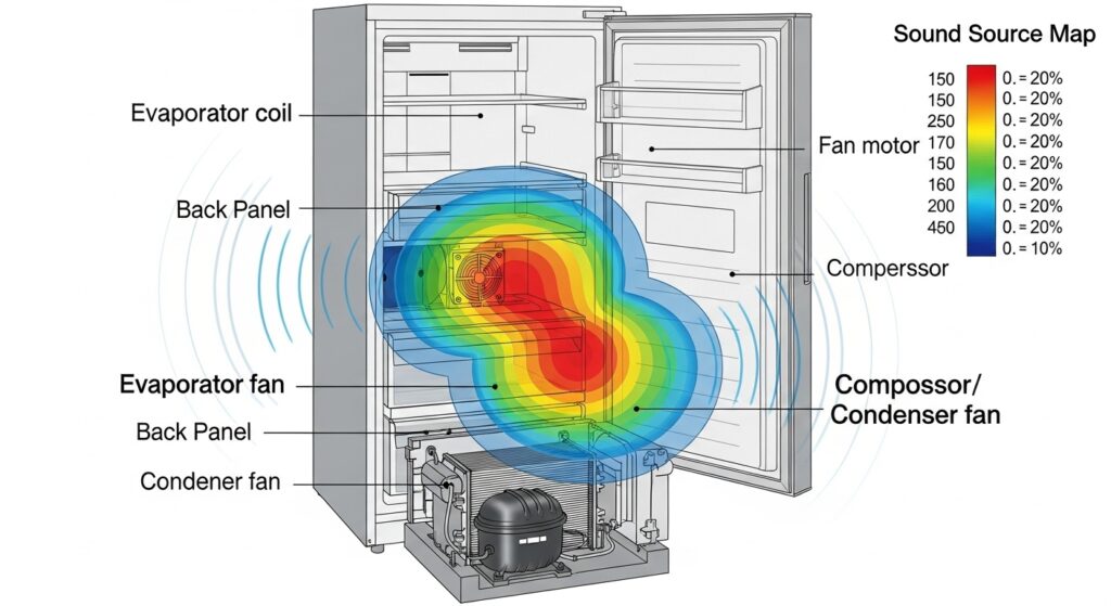 Sound source map showing inside freezer back panel evaporator fan area versus rear bottom compressor and condenser fan area