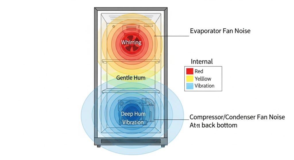 Freezer noise zone map showing evaporator fan noise inside the freezer and compressor or condenser fan humming at the back bottom