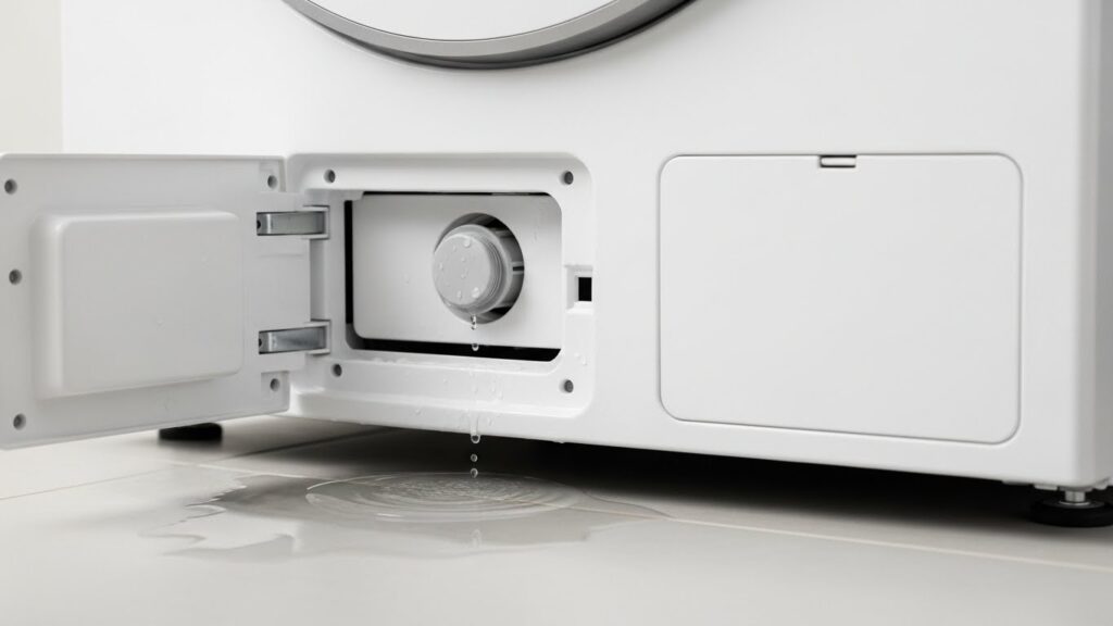 Accessing the drain pump filter area on a front-load washer where many bottom leaks originate