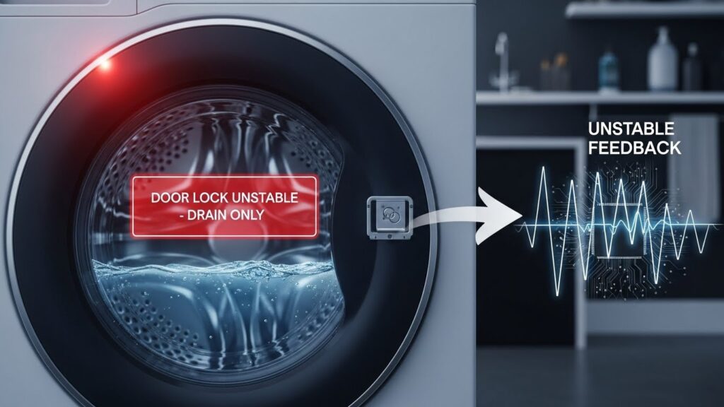 Front-load washer door lock spin permission concept showing how the washer may drain but refuse to spin if door lock feedback is unstable