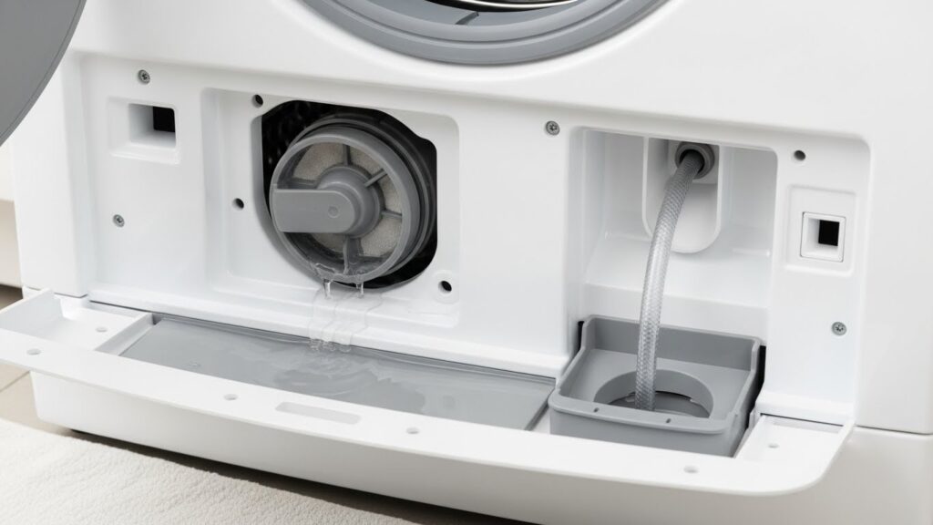 Front-load washer lower access panel showing the pump filter area and emergency drain hose used to remove trapped water so the door can unlock