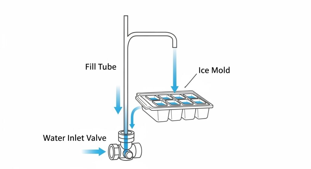 Simple diagram showing refrigerator water inlet valve feeding the fill tube and directing water into the ice mold