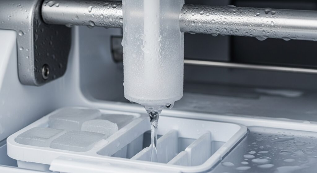 Close-up view showing the ice maker fill tube aligned to land water directly into the fill cup and mold