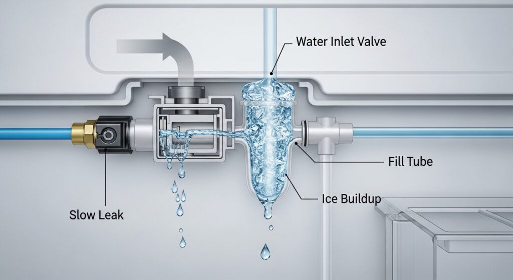 Refrigerator water inlet valve area concept showing how a slow valve leak can drip water into the fill tube and cause ice buildup