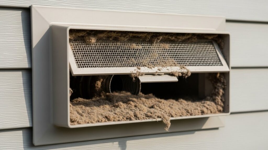 Outdoor dryer vent hood clogged with a lint mat, showing weak flap movement and increased overheating risk
