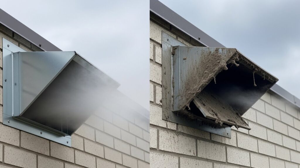 Outside dryer vent hood demonstrating strong exhaust airflow with a freely opening flap compared with weak airflow caused by lint buildup or blocked hood