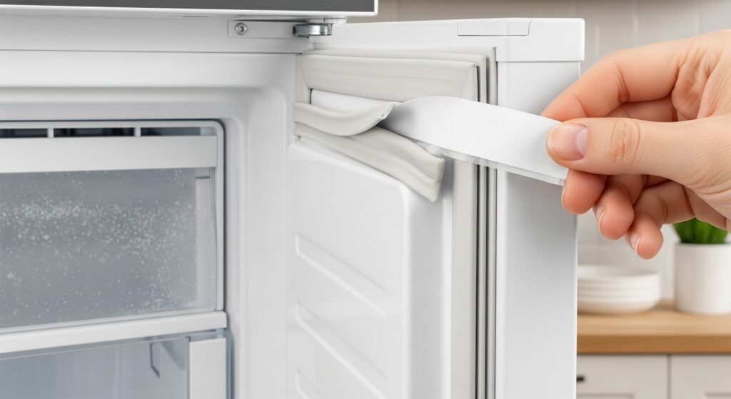 Paper test demonstration on a freezer door gasket showing how weak seal areas slide out easily